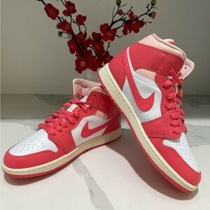Nike Air Jordan Mid 1, White/ Sea Coral - Size 9.5W